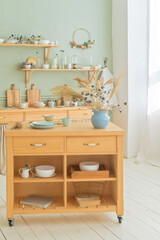 Wooden kitchen with shelf interior design. Close up
