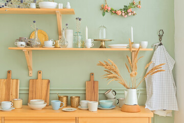 Fototapeta na wymiar Wooden kitchen with shelf interior design.