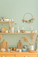 Wooden kitchen with shelf interior design.