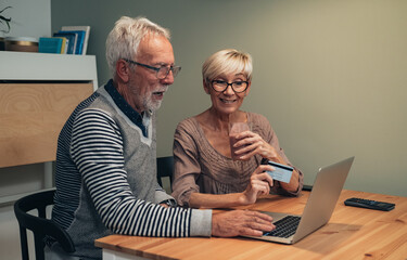 Mature couple doing online shopping at home stock photo
