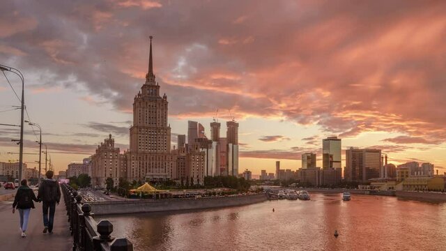 Hotel Radisson, former Ukraine - one of seven Stalins skyscrapers at sunset. Timelapse.