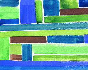 Colorful painted blocks and stripes background. Watercolor textured paper.