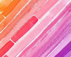 Abstract hand drawn watercolor striped background. Aquarelle colorful texture. Orange pink purple backdrop.