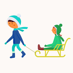 Children sledding. Vector image on a white background of Christmas trees. A boy takes a girl on a sled in winter. Clipart