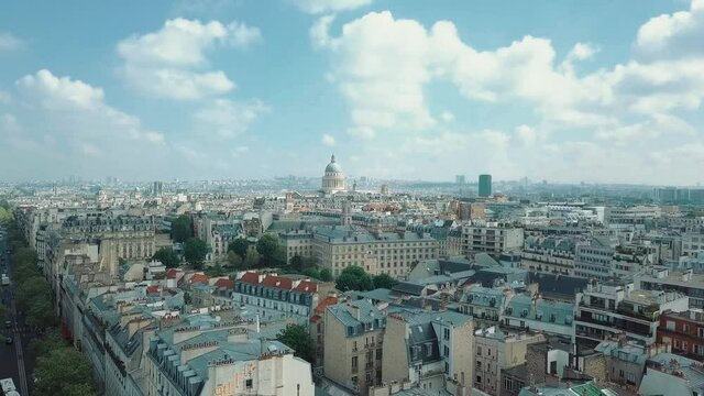Aerial drone footage from Paris filmed in luxembourg gardens at Avenue de L'observatoire.Panoramic video clip of Parisian central district.Classic old French houses filmed from above