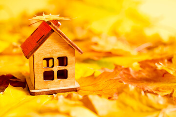 Small decorative wooden house on bright yellow autumn foliage, close up, copy space, soft focus. Conceptual image of buying, selling, renting real estate, housing, dreams of a house in the village