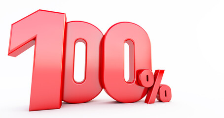 3d render of red hundred 100 percent on white background. red 100% percent