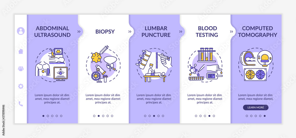 Poster diagnostic procedures onboarding vector template. professional medical examination, laboratory testi