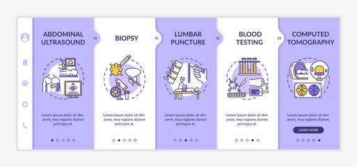 Diagnostic procedures onboarding vector template. Professional medical examination, laboratory testing responsive mobile website with icons. Webpage walkthrough step screens. RGB color concept