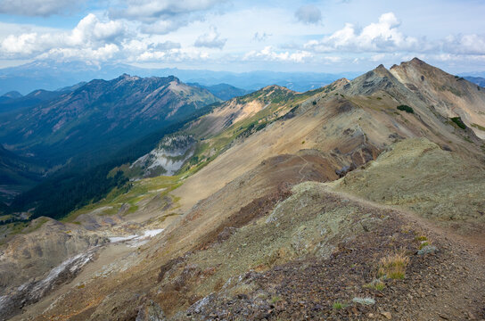 Hiking trail through remote mountain range, Goat Rocks Wilderness, Washington