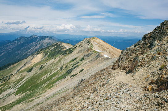 Hiking trail through remote mountain range, Goat Rocks Wilderness, Washington