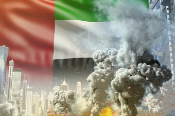 huge smoke pillar with fire in the modern city - concept of industrial catastrophe or act of terror on United Arab Emirates flag background, industrial 3D illustration