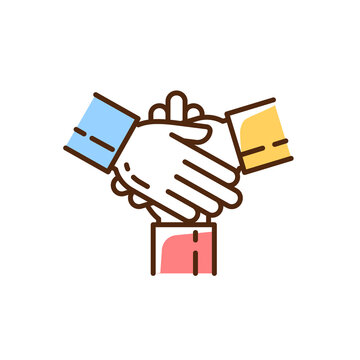 Friendly cooperation RGB color icon. Welcoming atmosphere. Frinedship, family support. Equality, unity and teamwork, partnership. Work in group. Problem solving. Isolated vector illustration