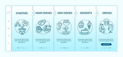 Restaurant menu onboarding vector template. Types of dishes served. Wide variety of meals. Responsive mobile website with icons. Webpage walkthrough step screens. RGB color concept