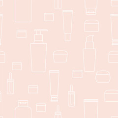 Beauty cosmetics shop icons. Vector seamless pattern. Outlined signs for cosmetics shop. Skin body care.
