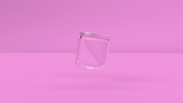Clear Glass cosmetic empty jar Bottle rotates slowly in air on pink minimalistic cover footage endless animation 4k