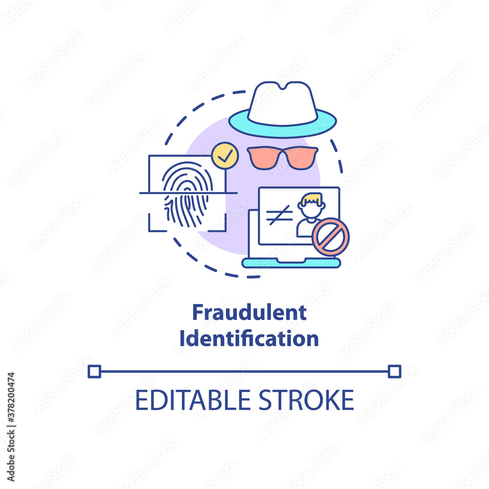 Poster fraudulent identification concept icon. fake personality searching systems. biometrics usage ideas i