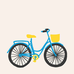 Vector hand drawn city bike in flat style. Bicycle with step-through blue frame and front wicker yellow basket