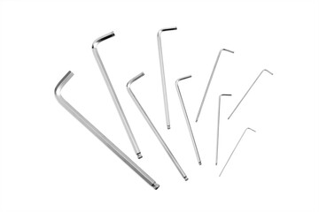 Set of long hex keys on a white background, isolate.