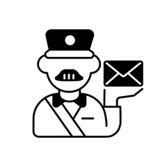 Postman black linear icon. Professional mailman, mail deliverer. Postal service, courier delivery outline symbol on white space. Post office worker holding envelope vector isolated illustration