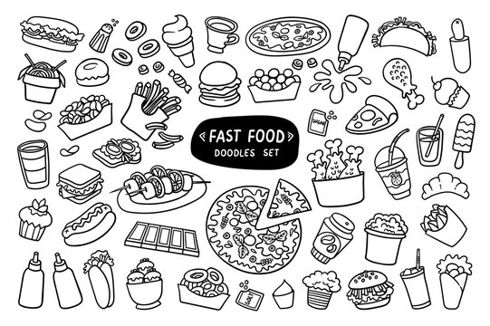 Vector set on the theme of fast food. Isolated cartoon burgers, noodles, cupcakes, drinks, donuts, pizza, sauce on white background. Doodles for use in design