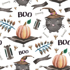 Obraz premium Watercolor seamless pattern with a cute witch cat, pumpkins, flowers and witcher hats. For Halloween-themed designer products. They are not entirely scary, so they will make you smile. Just say Boo 