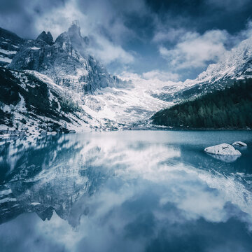 Scenic view of mountain Dito di Dio reflecting in Sorapiss Lake in winter