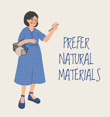 Cute woman choose products, holds shopping cart. Female character has a purchases. Young girl with short haircut wearing dress. Flat illustration