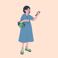 Cute woman choose products, holds shopping cart. Female character has a purchases. Young girl with short haircut wearing dress. Flat illustration