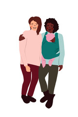 Happy gay family with baby. Two mothers have infant child. Multiracial couple. Adoption baby concept. Flat vector illustration perfect for card, t shirt print, paper