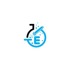 Microscope icon e letter logo in flat style.Laboratory e letter Logo.Icon of chemical laboratory flask with bubbling liquid.test tube icon With gray and sky color.