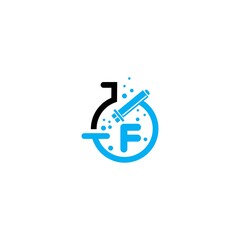 Microscope icon f letter logo in flat style.Laboratory f letter Logo.Icon of chemical laboratory flask with bubbling liquid.test tube icon With gray and sky color.