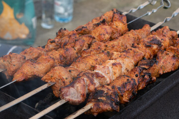 Making barbecue on a metal skewer. Grilled meat cooked on the barbecue. Skewers of fresh beef meat cut into slices. Traditional oriental dish, barbecue. Charcoal and flame grill