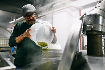 Male brewer adding hop into beer