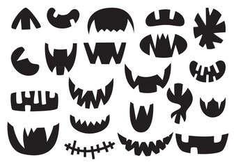 Obraz na płótnie Canvas Halloween pumpkins carved mouths silhouettes collection Black and white shapes isolated on white background