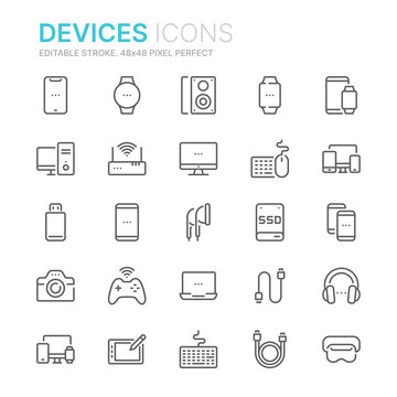 Collection of devices, computers, smartphones related line icons. 48x48 Pixel Perfect. Editable stroke