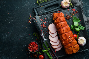 Smoked pork meat piece. Top view. Free space for text.