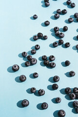 Many Blueberries on blue background. Closeup still life pattern. Fresh ripe healthy fruit harvest. Organic raw vegan dessert food. Concept of healthy and dieting eating. Banner design template