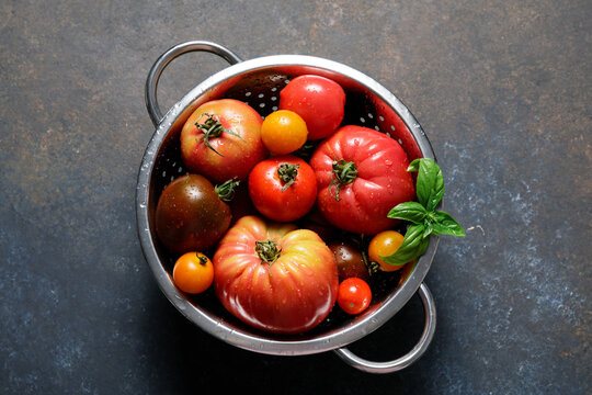 Fresh Colorful Ripe Heirloom Variety Tomatoes With Basil In Colander Over Dark Blue Table Background.