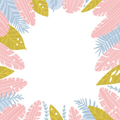 Fototapeta na wymiar Tropical leaves frame in pastel colors. Vector cartoon illustration of palm leaves and branches perfect for your photo or text. Cute hand-drawn plants isolated on white background