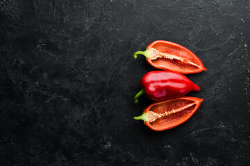 Sweet red bell pepper. Fresh vegetables. Top view. Free space for your text.