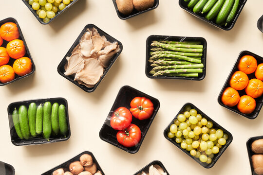 Set of organic groceries in plastic wrapping
