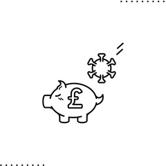 pandemic hit: falling Covid-19 virus and  piggy bank with pound coins vector icon in outlines
