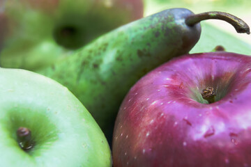 Green apples, red apples, pears set, together, fresh, delicious, healthy appetizing for everyone.