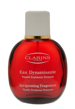 London, England - November 16, 2010: Bottle of Clarins Perfume on a white background