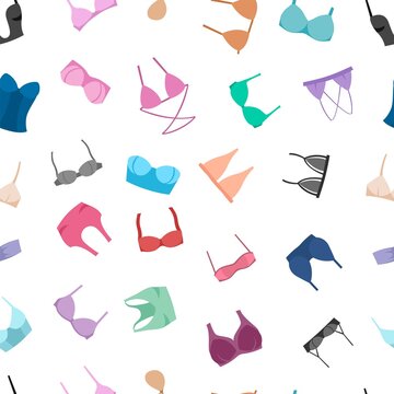 Seamless pattern with different bras on a white background, women's underwear