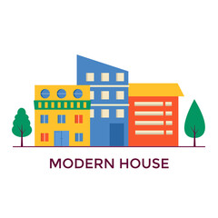 Obraz premium Small modern houses facade with window, garage, balcony and roof. Exterior of building apartment with trees. Vector cityscape illustration. simple background in geometric style