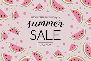 Summer Sale banner. Background with juicy watermelons. Vector
