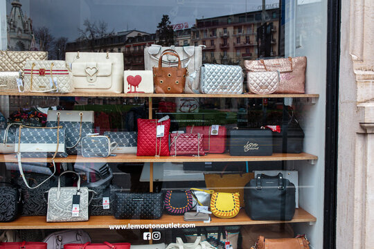 Geneva, Switzerland - April 1, 2018: Shop window with handbags of Le Mouton multibrand outlet in Geneva.