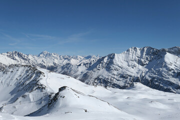 Panorama of Alps and ski slope view in La Thuile, Aosta Valley in Italy.